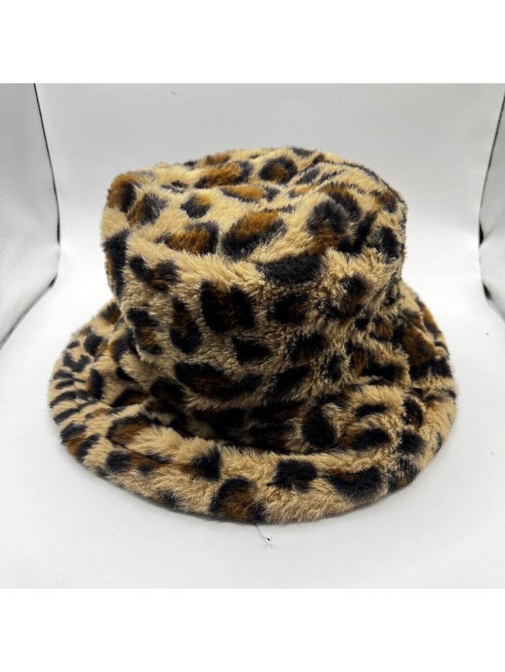 Women's Leopard Print Faux Fur Bucket Hat Lined Brown Black Beige One Size